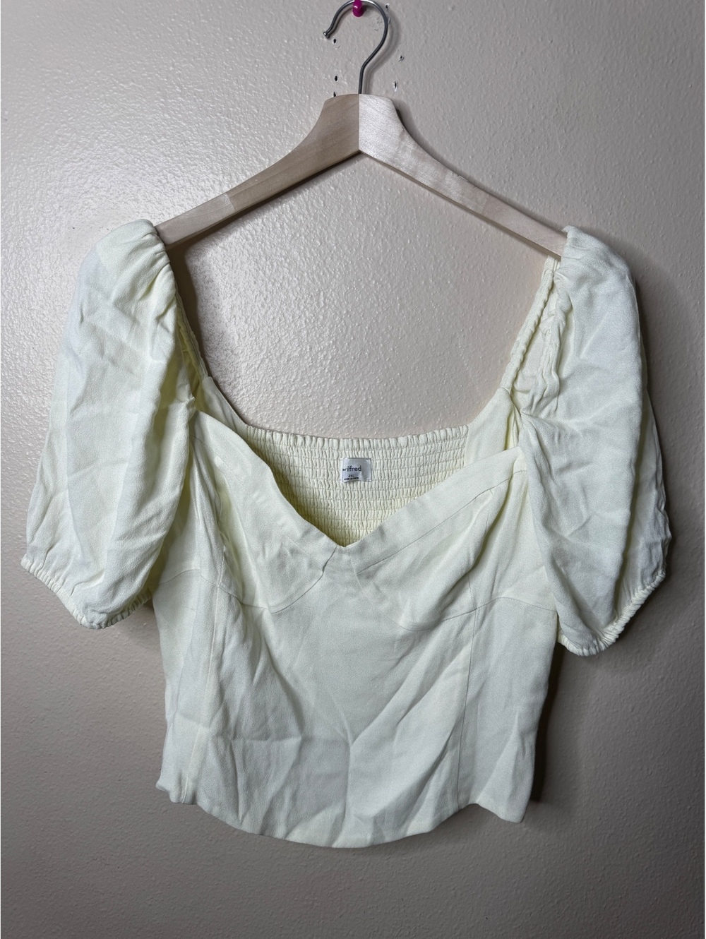 Wilfred Women2XL Blouse Light Yellow Puff Sleeve Sweetheart Smocked Crop Top NWT